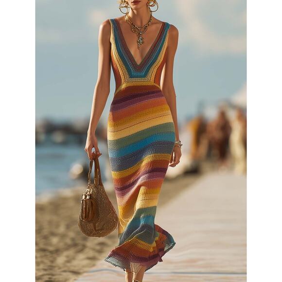 NWTGS OYROSY Retro Western Style Colorful Striped Knitted Maxi Dress SZ M - Picture 1 of 3